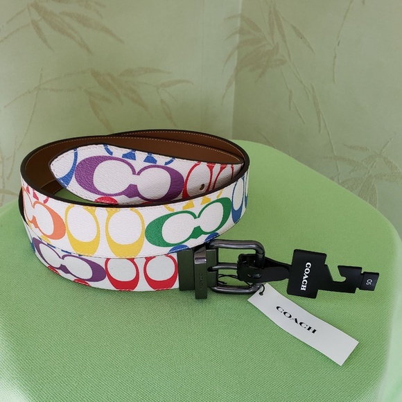 COACH ROLLER BUCKLE CUT-TO-SIZE REVERS. BELT RAINBOW SIGNATURE:NWT PRIDE C4153 - Picture 2 of 10